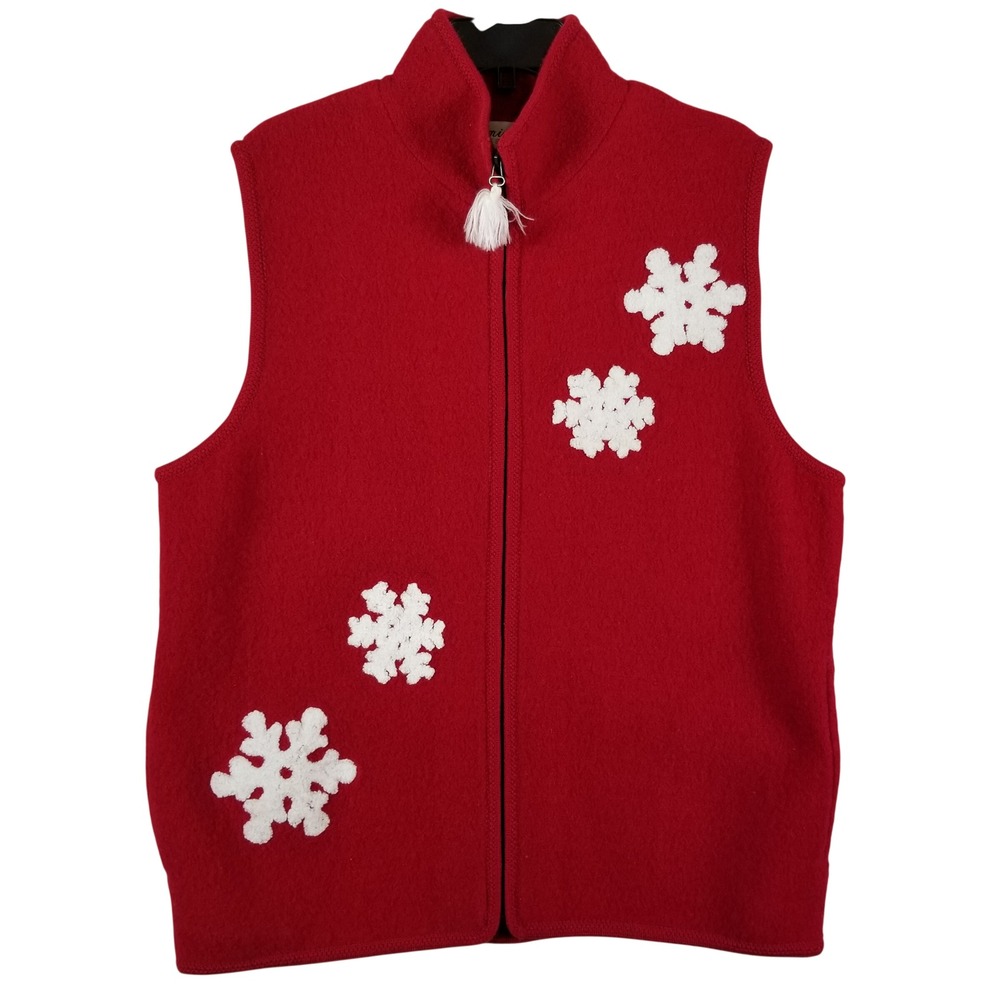 Eminent by Lisa Red Boiled Wool Snowflake Vest Women 1X Zip Front Tassel Holiday